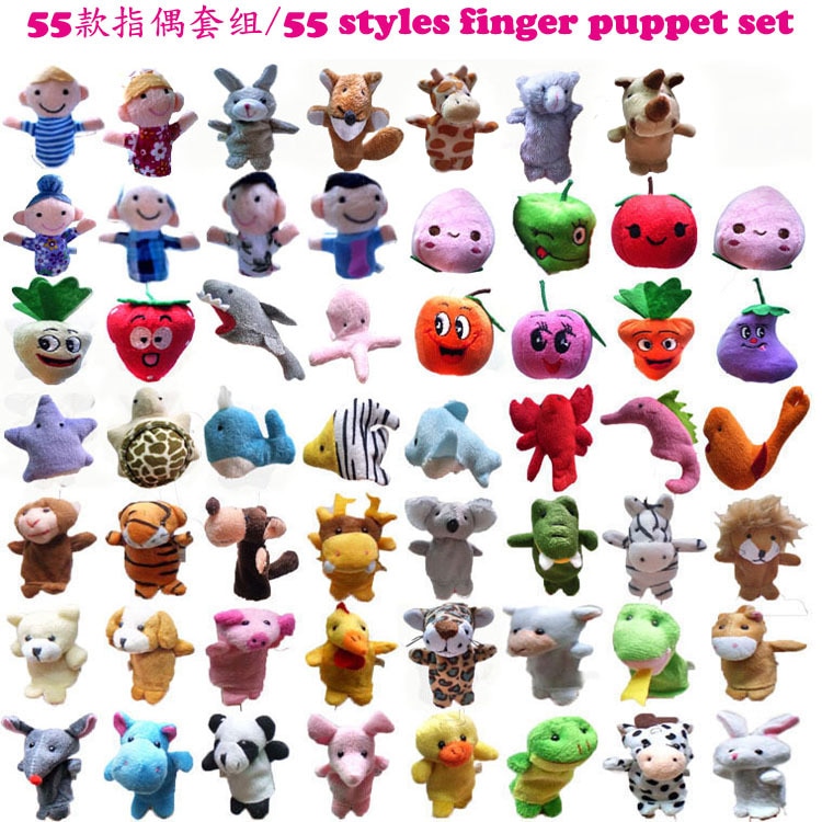 판매에 55 개/몫 55 스타일 세트 손가락 인형 (동물 + 해양 동물 + 인형 + friut & viggie) 어린이를위한 손가락 장난감 t